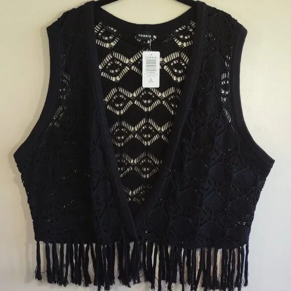 NEW Torrid Pointelle Crochet Vest w/ Fringe Crop Casual Festival  Size 3X - Picture 4 of 10
